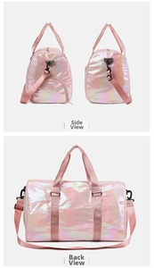 Side and back views of holographic pink fitness bag with adjustable straps and side pocket