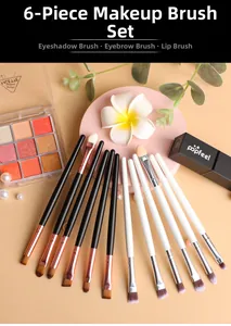 Detailed view of 6-piece dual-ended makeup brush set with purple bristles and metal ferrules