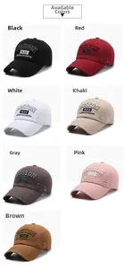 Detail view of seven vintage washed cotton baseball caps showing embroidery and worn effect