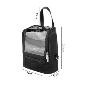 Multifunctional black makeup bag with transparent window and top handle shown with dimensions
