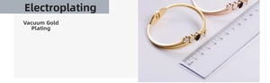 Detailed view of vacuum gold-plated bangles with zircons and 5.5cm diameter measurement