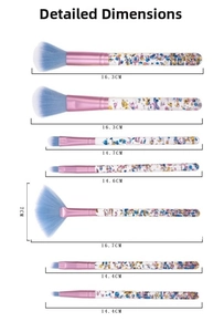 Size chart showing exact lengths for 7-piece crystal glitter makeup brush set in CM