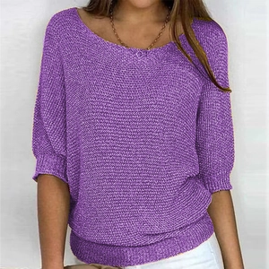 Women's casual purple knit sweater featuring a round neck and three-quarter length sleeves