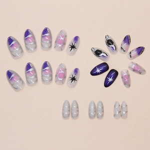 Star pattern press-on nails with purple glitter and silver cat-eye artistic designs