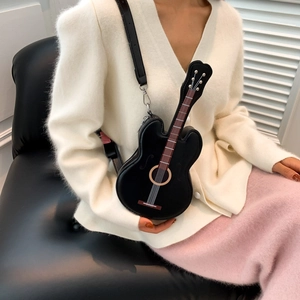 Unique guitar-shaped black PU leather crossbody bag with adjustable strap for women