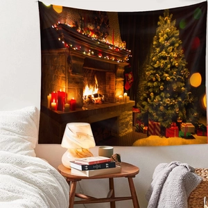 Detailed Christmas tree tapestry showing warm fireplace scene and festive gift boxes