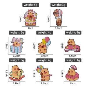 Detailed size and weight guide for eight assorted cartoon Capybara enamel pins