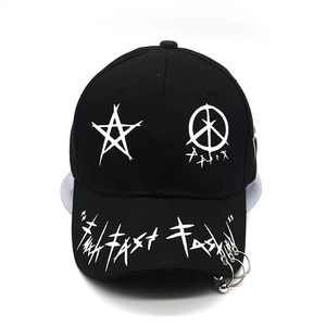 Detail of black cotton baseball cap with silver metal rings and graffiti print