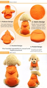 Detail of orange pet hoodie featuring kangaroo pocket, drawstring hood and fleece fabric