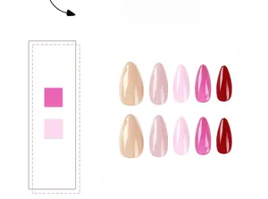 Close-up of 10 long almond press-on nails in gradient nude to dark red glossy shades
