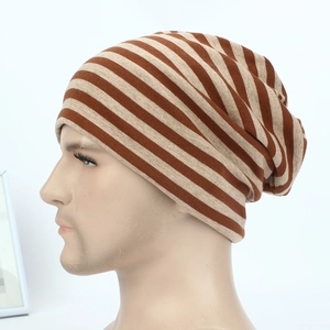Detail of striped cotton beanie showing textured knit fabric and relaxed slouchy fit