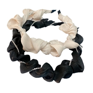 Sweet pleated ruffle headband with rhinestones in black and cream satin finish