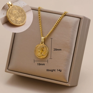 Titanium steel gold coin necklace featuring Queen Elizabeth II pendant and cable chain