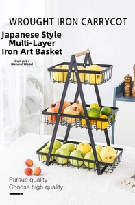 Three-tier black metal fruit basket with wooden handle and a modern rustic design