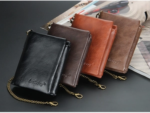 Vertical leather wallets for men with anti-lost metal chains in four vintage colors