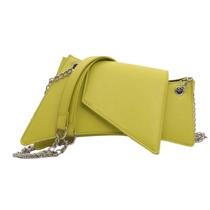 Minimalist neon green asymmetric leather crossbody bag with silver metal chain strap