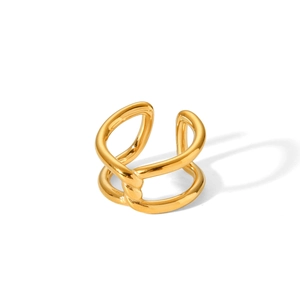 Polished gold plated stainless steel knot ring with interlocking geometric line design