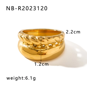 Macro shot of gold-plated chunky double-layer ring with textured rope design and measurements