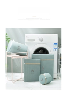 Detailed set of Morandi green thickened mesh laundry bags with embroidery icons