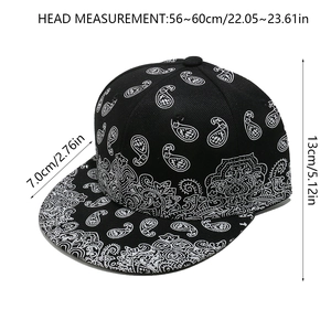 Flat brim baseball cap sizing diagram with paisley pattern and black crown dimensions