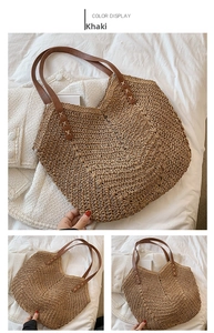 Detail of khaki hand-woven tote bag with V-shaped pattern and leather handle texture