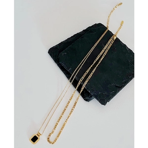Retro black square pendant with double-layered 18k gold plated titanium steel necklaces