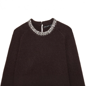 Elegant dark brown knit sweater featuring a luxurious rhinestone embellished crew neckline