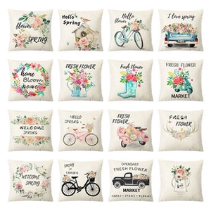 Detail view of 16-piece set spring pillow covers with floral and bicycle prints