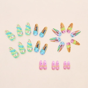 Press on nails with sweet ice cream design in pastel colors and long almond shape