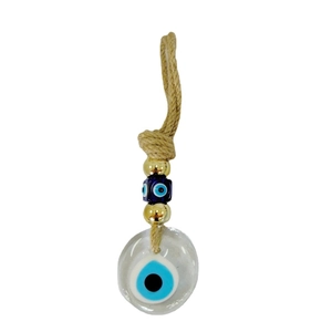 Turkish Blue Evil Eye glass pendant with gold beads and twine rope hanging decor
