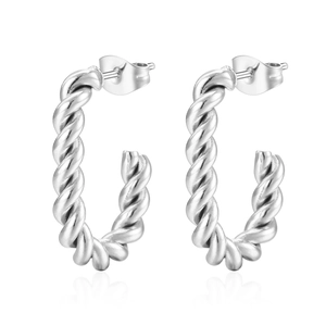 Classic silver twisted rope C-shaped hoop earrings with professional polished metal finish
