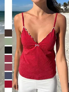 Polka Dot Camisole Tank Top Polyester Spandex V Neck Bow Detail Scalloped Lettuce Trim Slim Fit Y2K Sexy Women Top