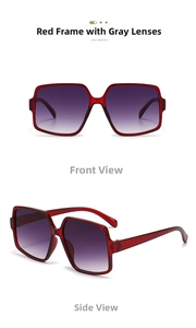 Front and side view of large square red sunglasses with grey gradient lenses
