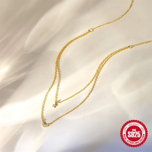 S925 Sterling Silver double-layer necklace with gold star and crescent moon pendants