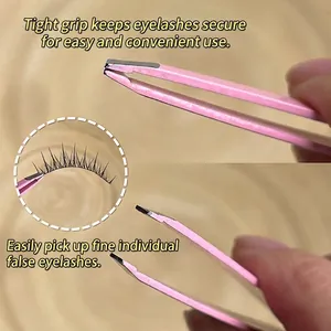 Pink stainless steel eyelash tweezers with slanted tip showing tight grip detail