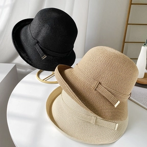 Cappello Di Paglia Donna Secchiello Intrecciato Protezione Solare Spiaggia Retro Cloche Con Fibbia Dorata Elegante Viaggio