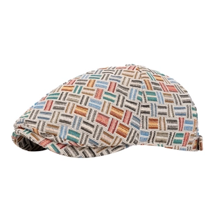 Vintage British style flat cap with colorful jacquard weave pattern and stiff profile