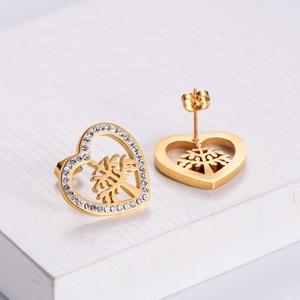 Golden heart-shaped Tree of Life stud earrings with sparkling rhinestones for women