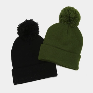 Winter knitted pom-pom beanie set in black and olive green with ribbed fold-over cuffs