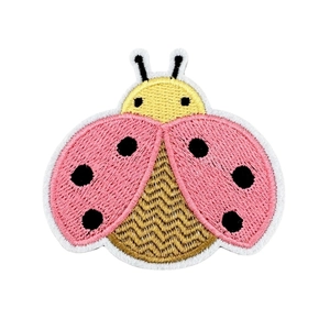 Pink embroidered ladybug patch with black dots and white stitched edges for DIY clothing