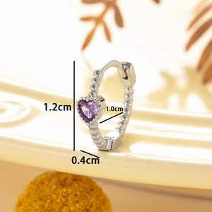 Minimalist silver heart-shaped purple zircon hoop earrings with dimensions 1.2cm x 1.0cm