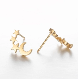 Minimalist gold star and moon stud earrings in stainless steel with a polished finish