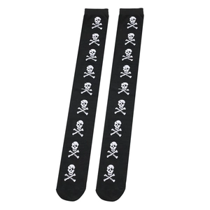 Detail showing white pirate skull and crossbones pattern on black Halloween knee-high socks.