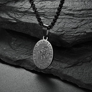 Saint Christopher pendant necklace in gunmetal black stainless steel on a box chain