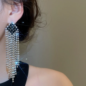 Close-up of long silver tassel earrings with glittering rhinestones on a female model