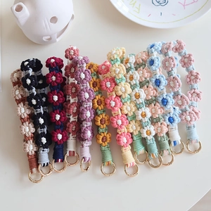 Handmade Woven Flower Phone Lanyard Cotton Crochet Daisy Keychain Bag Charm Bohemian Wristlet Strap For Women