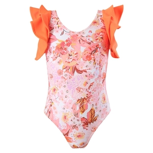 Girls tropical floral one-piece swimsuit with vibrant orange ruffled shoulders and round neck
