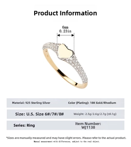 Detailed specs of 925 sterling silver heart ring with 18K gold plating and measurements