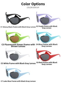 Cat eye devil sunglasses color display in bright black purple green blue white red and teal