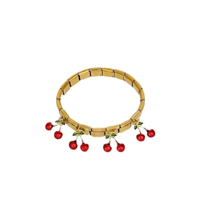 Golden stainless steel modular bracelet featuring detailed red strawberry charms on white
